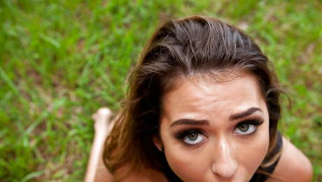 Superb american Melissa Moore sucks on dick and gets a cumshot on her face outside