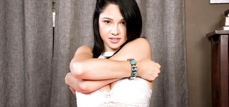 Foxy american brunette Cadey Mercury showing small tits and jerking off 