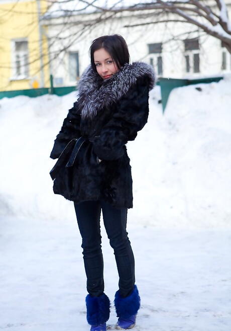 Hot dark-haired babe Night A exposing tiny tits and hairy pussy outdoor