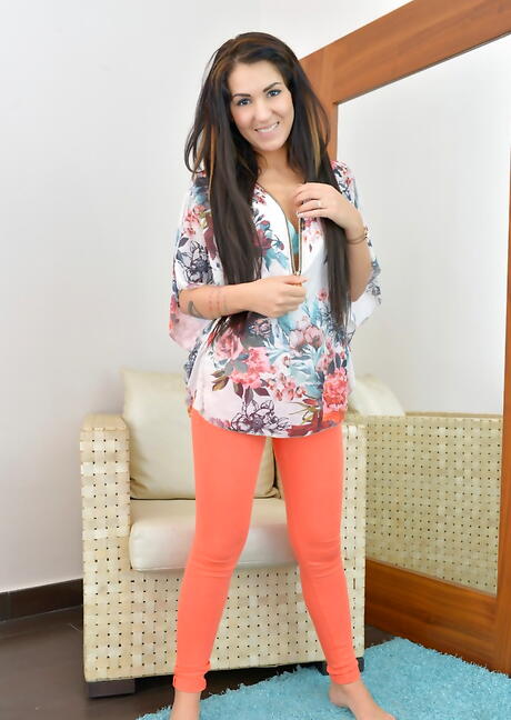 Hot hungarian dark hair young Bella Beretta in sexy jeans unveiling tiny tits and nice pussy 