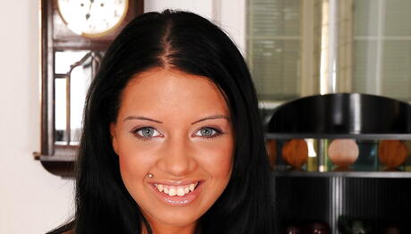 Gracile brunette teen Viva Small showing big hooters and spreading her legs 