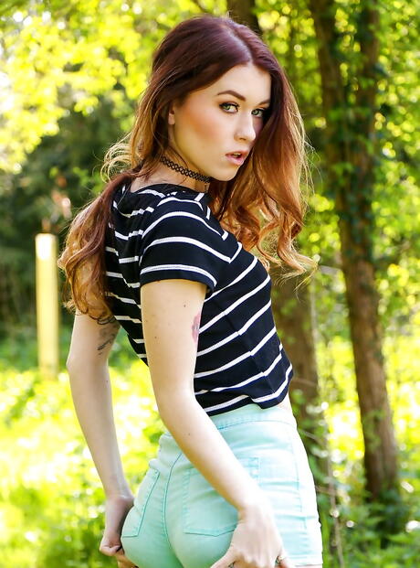 Hot polish dark hair teen Misha Cross bares tiny tits and masturbates outside