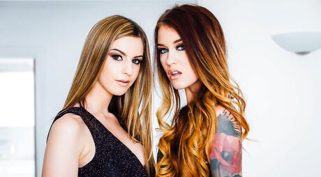 Hot girls Misha Cross and Stella Cox in fancy skirt have some lesbian humping fun 