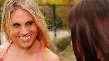 Facinating bombshells Charisma Capelli and Alexa Nicole licking pink pussies in the hot lesbian sex outdoor