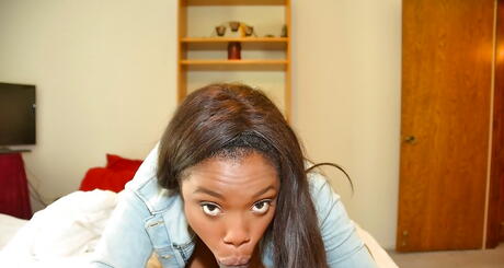 Glamorous ebony milf Sasha Banks sucking deep big rod and gets a cumshot on face 