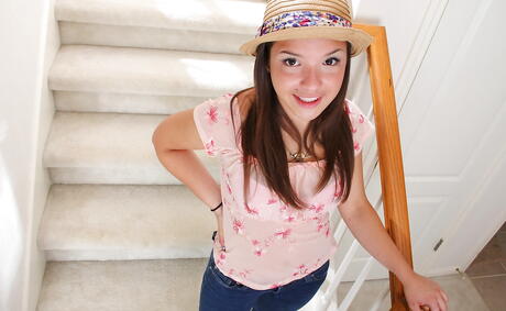 Luscious american brunette teen Veronica Berry reveals big tits and bald pussy 