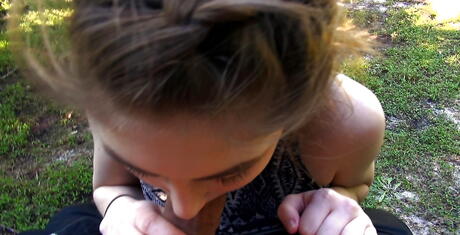 Very attractive Kobi Brian sucking on huge dick and gets a facial outdoor