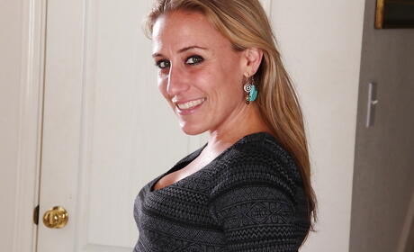 Sexy milf Sky in fancy skirt exhibiting her ass and bald pussy 