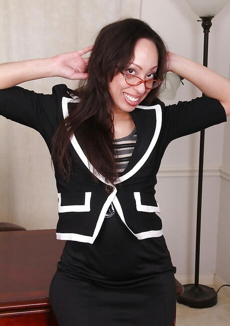 Superb latin mature Sasha Soja in fancy skirt unveiling small tits and spreading her legs in office