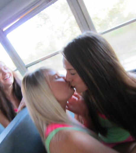Stunning girls Dani Jensen, Kim Carter and Jessica licking tasty pussies during hot lesbian sex in the bus