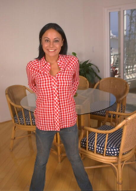 Luscious dark hair teen Arlyn in tight jeans bares tiny tits and masturbates 