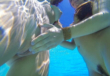 Superb women Teal Conrad, Celeste Star and Malena Morgan enjoy a lesbian foreplay near the pool