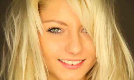 Excellent czech blond young Pinky June in jeans denudes big boobs and bald pussy 