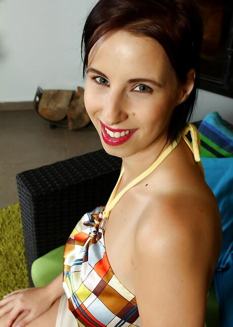 Seductive hungarian milf Chrissy Harris in sexy skirt denudes big tits and plays with dildo 