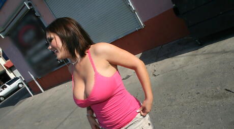 Glamorous american milf Claire Dames in nice skirt exposing big tits and masturbating with dildo outside