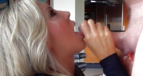 Hot american blonde wife Sandra Otterson sucks on big dick and gets a cum blast in her mouth 