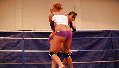 Sultry girls Becky Stevens and Barbie Black in wild lesbian catfight 