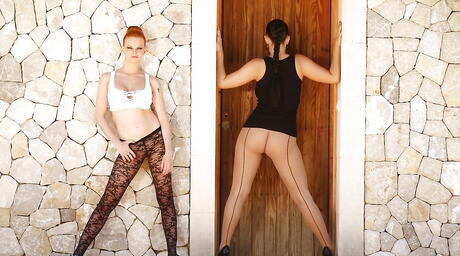 Glamorous mommies Tara White and Carmen Croft in hot pantyhose licking juicy pussies and fucking with dildo 