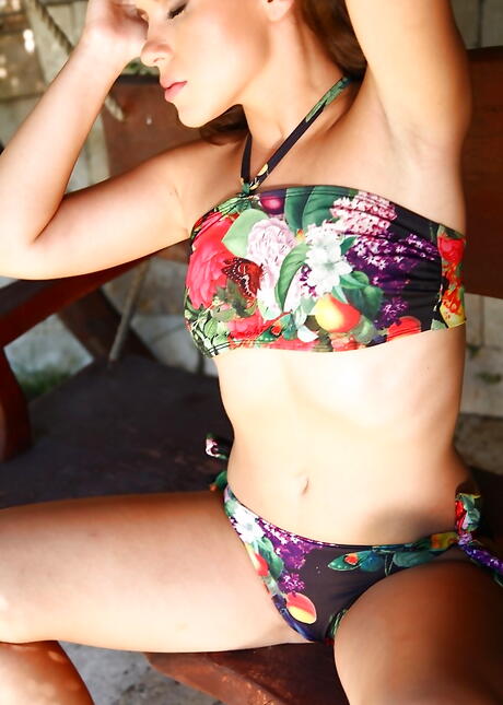 Excellent russian young Emma Brown reveals small tits and jerks off outside