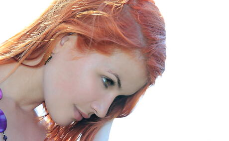 Shapely ukrainian red-haired teen Violla A exhibiting big tits and shaved pussy outdoor