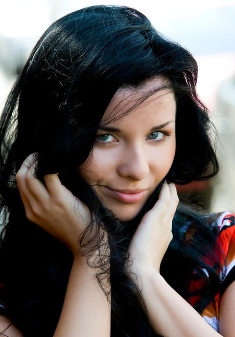 Hot dark-haired cutie Frida A in fancy skirt likes foot fetish 