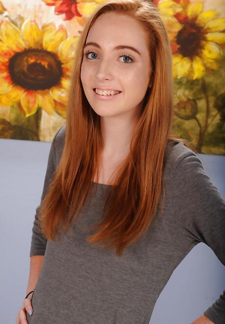 Luscious american red-haired young Kasey Cole in fancy bikini unveils tiny tits and shaved pussy 