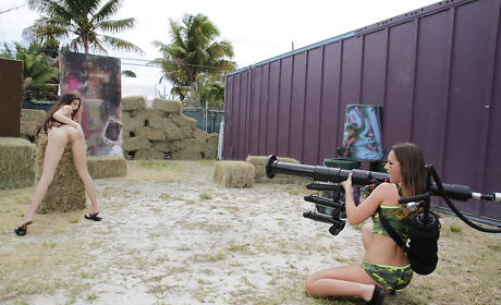 Adorable latin brunette Esmi Lee shows big boobies and shaved pussy outdoor