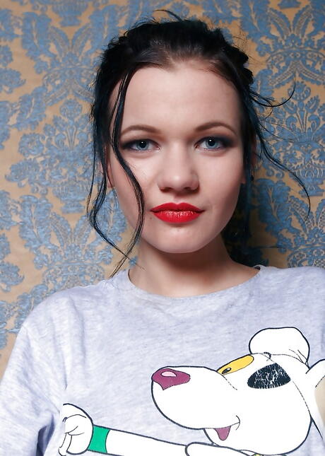 Rangy dark-haired teen Serena Lewis in undies uncovering small tits and hairy twat 