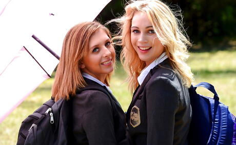 Luscious girls Cali Sparks and Kelly Greene into passionate lesbian action outdoor