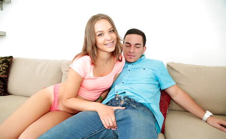 Sylphlike american blonde teen Liza Rowe sucks on big rod and takes a messy cumshot 