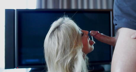 Superb american blonde wife Sandra Otterson sucking deep huge cock and enjoys a cum shot in mouth 