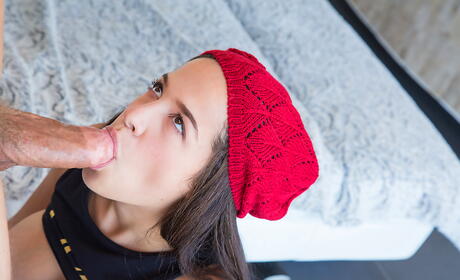 Slender latina brunette teen Annika Eve work on cock and gets a cumshot on her face 