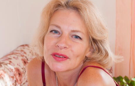 Amazing blonde older Diana Douglas in sexy lingery showing small tits and spreading her legs 