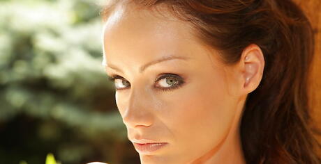 Rangy hungarian milf Sophie Lynx in fancy shorts exposing small tits and sexy ass outside