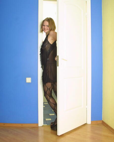 Sylphlike teen Irena exposing big boobies and hairy twat 