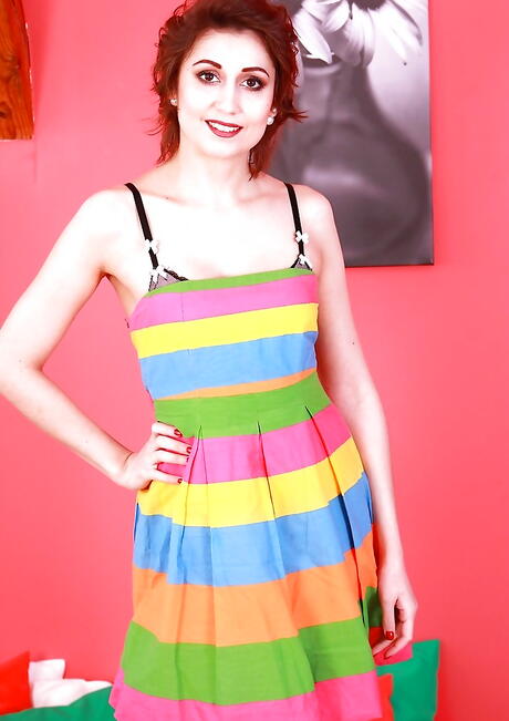 Hot milf Meggie in nice skirt revealing tiny tits and jerking off 