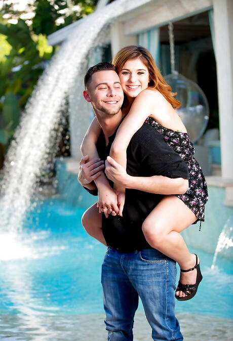 Rangy american teen Leah Gotti in sexy skirt exhibiting tiny tits and hot butt at pool