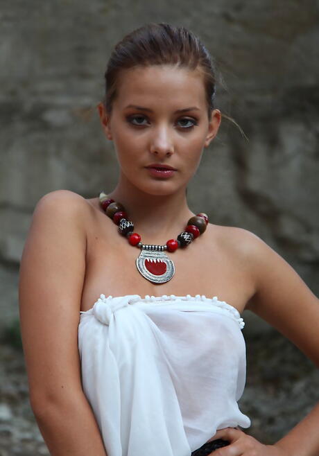 Slender czech brunette young Anna Tatu exposes big hooters and spreads her legs outside