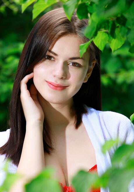 Gracile dark hair teen Karolina Young in lingerie showing big knockers and butt outside