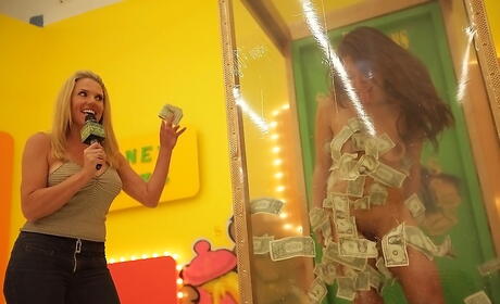 Curious women Aurora Monroe and her girlfriend in sexy jeans caressing each other 