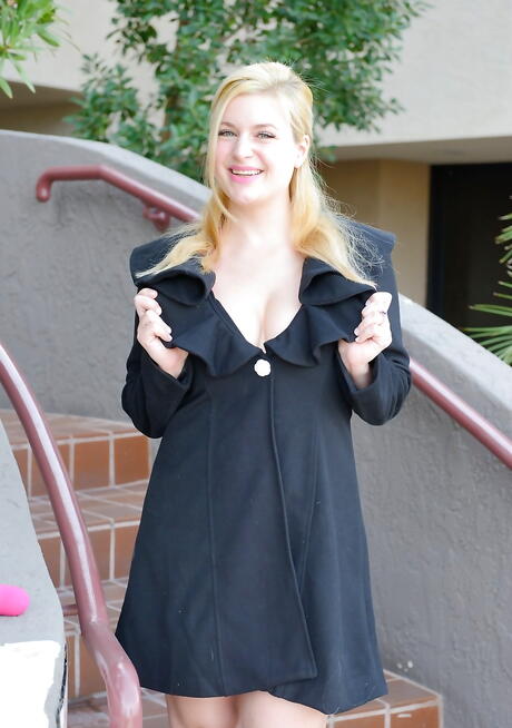 Alluring blonde cutie Danielle Delaunay in sexy lingery exposes big boobies and spreads her legs outside