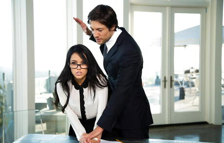 Stunning american young Megan Rain drilled in her shaved pussy after good blowjob in office