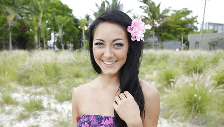 Shapely american youthful Sabrina Banks reveals her butt outside