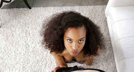 Curious black amateur Jordin Daye sucking hot rod and enjoys a cum blast on her face 