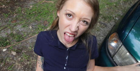 Amazing Cameron banged hard in her shaved pussy after good blowjob outdoor