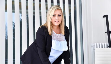 Excellent blonde milf Crystal Swift reveals big hooters and vagina in office