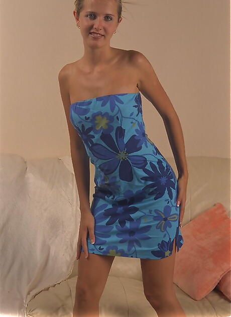 Svelte teen Alex in sexy skirt exposing her ass and hairy twat 