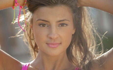 Excellent babe Maria exposes tiny tits and spreads her legs near the pool