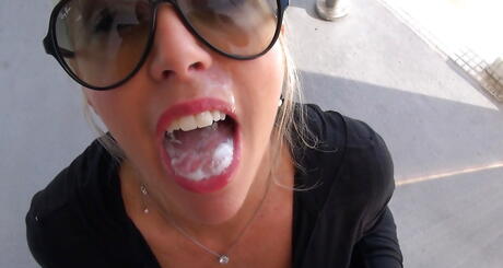 Sexy american wife Sandra Otterson in sexy glasses sucking on big cock and takes a cum blast in mouth 