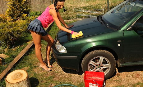 Stunning dark hair older Malinka in beautiful bikini exposes tiny tits and pussy outdoor